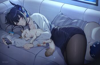 Rule 34 | 1girl, absurdres, animal, asymmetrical horns, breasts, cat, cleavage, closed eyes, colored inner hair, couch, demon horns, highres, hololive, hololive english, horns, jailbird (nerissa ravencroft), keisea, lanyard, little darling (nerissa ravencroft), long hair, lying, medium breasts, mole, mole under eye, multicolored hair, nerissa ravencroft, nerissa ravencroft (casual), office lady, official alternate hairstyle, on couch, on side, pantyhose, pencil skirt, pillow, skirt, sleeping, solo, uneven horns, virtual youtuber, whiskers, white cat