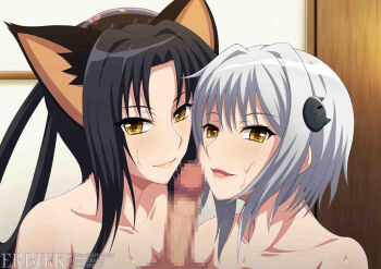1boy 2girls animal_ears artist_name black_hair cat_ears cat_girl cat_hair_ornament censored closed_mouth collarbone commentary english_commentary erection ffm_threesome grey_hair group_sex hair_ornament hair_rings hairband hetero high_school_dxd indoors kuroka_(high_school_dxd) long_hair looking_at_viewer minaisu mosaic_censoring multiple_girls naughty_face nude open_mouth penis pov seductive_smile shimaidon_(sex) short_hair_with_long_locks siblings sisters smile threesome toujou_koneko yellow_eyes