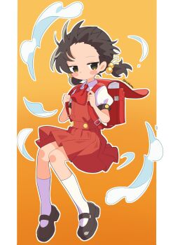 1girl ascot backpack bag black_hair black_shoes blush_stickers brown_eyes closed_mouth collared_shirt commentary dress full_body hair_bobbles hair_ornament highres invisible_chair jitome kaai_yuki looking_at_viewer low_twintails mary_janes masakamea outside_border pillarboxed pinafore_dress randoseru red_ascot red_dress shirt shoes short_hair short_sleeves sitting sleeveless sleeveless_dress socks solo twintails twitter_username vocaloid white_shirt white_socks yellow_background