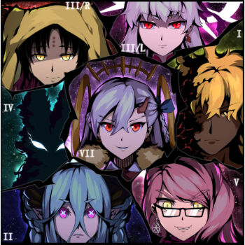 Rule 34 | 1boy, 5girls, absurdres, black-framed eyewear, black hair, blonde hair, blue hair, blue ribbon, braid, bright pupils, chinese commentary, closed mouth, dark-skinned male, dark skin, earrings, fangs, fate/grand order, fate (series), forehead tattoo, fou (fate), glasses, glowing, glowing eyes, goetia (fate), grey hair, grin, hair between eyes, hair ribbon, highres, horns, jewelry, kama (beast iii/l) (fate), kama (fate), king of men goetia (fate), koyanskaya (fate), koyanskaya (foreigner) (first ascension) (fate), long hair, looking at viewer, multicolored hair, multiple girls, olga marie animusphere, parted bangs, pink eyes, pink hair, pointy ears, qi huang qin, red eyes, ribbon, sessyoin kiara, sessyoin kiara (beast iii/r), sessyoin kiara (heaven's hole), sharp teeth, side braid, single horn, slit pupils, smile, space, streaked hair, symbol-shaped pupils, tattoo, teeth, tiamat (fate), u-olga marie, veil, white pupils, x-shaped pupils, yellow eyes, yellow veil
