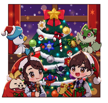 1boy 1girl :3 :d =_= blue_eyes blush border bow box bright_pupils brown_eyes brown_hair candy candy_cane cat child christmas christmas_ornaments christmas_present christmas_stocking christmas_tree closed_eyes closed_mouth clothed_pokemon collared_shirt curtains eating eyelashes fangs florian_(pokemon) flower food fork fuecoco gift gift_box glimmet grey_shirt hat hat_ornament holding holding_box holding_fork holding_gift holly holly_hat_ornament indoors juliana_(pokemon) koraidon long_sleeves miraidon naranja_academy_school_uniform necktie nintendo nostrils open_mouth orange_necktie pink_eyes poke_ball poke_ball_(basic) poke_ball_theme pokemon pokemon_sv purple_necktie quaxly red_hat rii_(pixiv11152329) santa_hat school_uniform shirt short_hair sitting smile snow sparkle sprigatito star_(symbol) starter_pokemon_trio striped_bow uva_academy_school_uniform white_border white_flower white_pupils white_shirt wiglett window