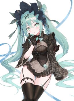 1girl aqua_eyes aqua_hair black_dress black_gloves black_thighhighs blue_ribbon blush bow curly_hair dress earrings frilled_dress frills garter_straps gloves hair_between_eyes hair_bow hair_ribbon hand_up hatsune_miku heart heart_earrings highres jewelry long_hair long_sleeves looking_at_viewer nekojita_(ika_neko46) parted_lips ribbon thighhighs thighs vocaloid white_background