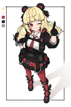 1girl absurdres animal_ears bear_ears black_gloves blonde_hair blonde_ojousama_(sagix) blush color_guide commission drill_hair fake_animal_ears full_body ghostfox9 gloves highres jacket long_hair looking_at_viewer mary_janes necktie one_eye_closed original pantyhose pixiv_commission pointing pointing_up red_pantyhose shadow shoes skirt smile solo
