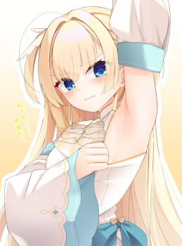1girl ahoge arm_behind_head arm_up armpits ascot blonde_hair blue_bow blue_eyes blunt_ends blush bow closed_mouth commentary detached_sleeves dress dress_bow embarrassed eyes_visible_through_hair gradient_background hair_between_eyes hair_intakes hair_ornament hand_up highres long_hair long_sleeves looking_at_viewer outline presenting_armpit shirayuki_noa sidelocks silver116 simple_background sleeveless sleeveless_dress solo straight_hair tenshi_souzou_re-boot! translation_request two_side_up upper_body v-shaped_eyebrows very_long_hair wavy_mouth white_ascot white_dress white_outline wide_sleeves wing_hair_ornament yellow_background