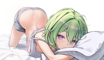 1girl ass braid breasts butt_crack closed_mouth clothes_lift clothes_pull dolphin_shorts expressionless foreshortening green_hair grey_panties grey_shorts grey_tank_top hair_between_eyes hashtag-only_commentary head_on_pillow highres kitsune_hero large_breasts long_bangs looking_at_viewer multicolored_hair on_bed panties pillow purple_eyes shiny_skin short_hair shorts shorts_pull side_braid simple_background solo sports_panties stellive streaked_hair tank_top top-down_bottom-up underwear virtual_youtuber white_background white_streaks yuzuha_riko