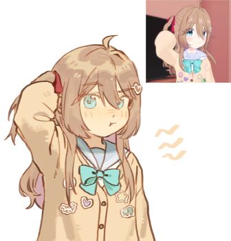 1girl :t ahoge aqua_bow aqua_bowtie arm_up blue_eyes blue_sailor_collar bow bowtie brown_hair cardigan closed_mouth derivative_work double-parted_bangs furrowed_brow hair_between_eyes hair_ornament hair_ribbon hashtag-only_commentary heart heart_hair_ornament highres light_blush long_hair long_sleeves looking_at_viewer neuro-sama raised_eyebrow red_ribbon reference_inset ribbon rikokoooou sailor_collar screenshot_redraw simple_background two_side_up upper_body vedal_ai virtual_youtuber vrchat white_background yellow_cardigan