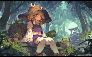 Rule 34 | 1girl, absurdres, animal, basket, blonde hair, blush, boots, brown boots, bush, choudasuan, commentary request, dappled sunlight, day, facing viewer, foot out of frame, forest, frog, from below, from side, green eyes, hat, highres, looking ahead, moriya suwako, nature, navel, outdoors, pixiv id, pixiv logo, plant, plump, purple skirt, purple vest, rain, scenery, shrine, sitting, skirt, stairs, stone stairs, sunlight, thigh gap, thighhighs, touhou, tree, twintails, twitter username, twitter x logo, vest