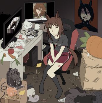 Rule 34 | 1girl, absurdres, agnes tachyon (umamusume), animal ears, apple, artist name, bandaid, black eyes, black hair, black shirt, black socks, bowl, box, brown eyes, brown hair, camera, carrot, chair, coffee mug, commentary, computer, computer keyboard, computer mouse, cup, elster (signalis), english commentary, food, freckles, fruit, gaming chair, gun, hay, highres, hitsuji (hitsujigoods), horse ears, horse girl, horse tail, kara eklund, kneehighs, messy room, mishima: a life in four chapters, monitor, mug, original, poster (object), red shorts, rope, salt, shirt, shorts, signalis, socks, swivel chair, t-shirt, tail, umamusume, unworn shirt, used tissue, weapon, youtube