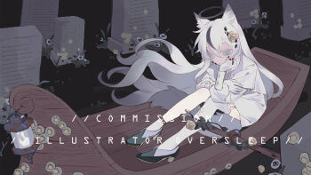 Rule 34 | 1girl, animal ear fluff, animal ears, black hair, black halo, black shoes, blue eyes, boat, dress, english text, flower, full body, gradient hair, grave, graveyard, grey hair, hair between eyes, hair flower, hair ornament, halo, head rest, high heels, highres, knees up, lantern, long hair, long sleeves, multicolored hair, oar, on boat, original, oversleep, shirt, shoes, sitting, socks, solo, streaked hair, tail, tombstone, very long hair, watercraft, white dress, white hair, white shirt, white socks, wolf ears, wolf girl, wolf tail