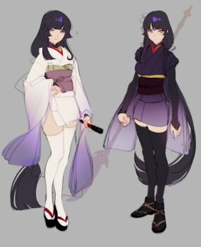 Rule 34 | 2girls, alternate costume, black thighhighs, blunt bangs, bridal gauntlets, commentary, commentary request, english commentary, eva smith, full body, genshin impact, grey background, hair ornament, highres, japanese clothes, kimono, long hair, long sleeves, makoto (genshin impact), mole, mole under eye, multiple girls, polearm, purple eyes, purple hair, purple kimono, raiden shogun, sash, siblings, simple background, sisters, sketch, thighhighs, twins, unfinished, weapon, white thighhighs