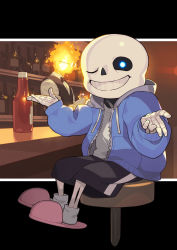 2boys absurdres bar_(place) black_shorts black_vest blue_hoodie bone bottle bow bowtie flaming_head glasses glowing glowing_eye grillby grin highres hood hoodie indoors ketchup_bottle kin_niku looking_at_viewer multiple_boys sans_(undertale) shirt shorts sitting skeleton slippers smile solo_focus stool undertale utdr_(toby_fox) vest white_shirt