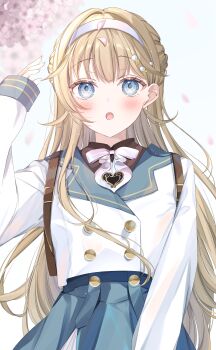 1girl absurdres aqua_skirt bad_arm blazer blonde_hair blue_eyes blush bow bowtie buttons cattleya_regina_games double-breasted falling_petals hairband half_updo hanabusa_lisa hanabusa_lisa_(5th_costume) high-waist_skirt highres jacket long_hair open_mouth pearl_hair_ornament petals sailor_collar shain skirt sleeve_cuffs sleeves_past_wrists solo upper_body virtual_youtuber vspo! white_bow white_bowtie