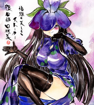1girl black_gloves black_hair black_thighhighs breasts china_dress chinese_clothes dress elbow_gloves gloves highres kabaji long_hair looking_at_viewer nice_knee_socks_day purple_dress red_eyes shikishi smile solo thighhighs touhou traditional_media yomotsu_hisami