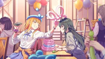 balloon black_hair blonde_hair bracelet brown_hair buttons cellphone chair closed_eyes clothes_around_waist collared_shirt desk gakuen_idolmaster game_cg green_eyes green_hair grin highres holding idolmaster jewelry ladder multicolored_hair neck_ribbon official_art orange_hair phone profile ribbon school_desk scrunchie shirt shiun_sumika skirt smartphone smile sweater sweater_around_waist tape tsukimura_temari white_shirt window