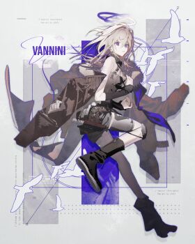 1girl :o absurdres arknights artist_name black_boots black_collar black_shirt black_shorts black_sleeves blue_eyes blue_halo boots character_name check_commentary collar commentary_request cuisses detached_collar detached_sleeves double_halo english_text from_side full_body fur-trimmed_jacket fur_trim grey_jacket hair_between_eyes halo hands_up highres jacket jacket_partially_removed knee_pads latin_text leg_up long_hair looking_at_viewer off_shoulder open_clothes open_jacket parted_lips shirt short_shorts shorts sidelocks single_bare_shoulder single_knee_pad sleeveless sleeveless_shirt sleeves_past_wrists solo standing standing_on_one_leg tool_belt translation_request vannini_(arknights) white_hair yomizu