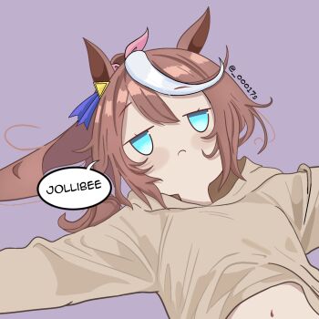Rule 34 | 00017s, 1girl, absurdres, alternate costume, animal ears, artist name, blue eyes, blush, brown hair, casual, english text, highres, hood, hoodie, horse ears, horse girl, long hair, looking at viewer, lying, multicolored hair, navel, no nose, no pupils, on back, purple background, simple background, solo, speech bubble, streaked hair, tokai teio (umamusume), twitter username, umamusume, upper body, white hair, yellow hoodie