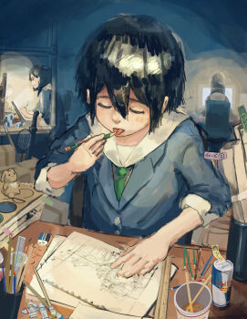 absurdres asakusa_midori badminton_racket baseball_bat binder_clip black_hair blazer blue_jacket bob_cut box can cardboard_box chopsticks closed_eyes colored_pencil commentary computer computer_tower drawing drawing_equipment drawing_tablet eizouken_ni_wa_te_wo_dasu_na! eraser green_neckwear hair_between_eyes highres instant_noodles jacket kanamori_sayaka kazakami_suito licking long_hair mizusaki_tsubame monitor necktie nissin_cup_noodle notebook paint paintbrush paper_roll pencil racket red_bull ruler school_uniform short_hair sitting sticky_note stuffed_animal stuffed_rabbit stuffed_toy sword tongue tongue_out translated weapon