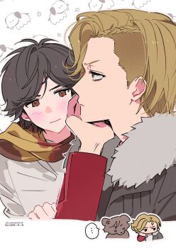 ... 2boys anger_vein animification ankh_(ooo) arm_support black_hair blush brown_eyes brown_hair chinese_commentary closed_mouth commentary_request dog fur_trim hand_on_own_face hand_up head_on_hand highres hino_eiji kamen_rider kamen_rider_ooo_(series) kei_(momojellyfish) long_sleeves looking_at_another male_focus multiple_boys multiple_views parted_hair scarf short_hair spoken_ellipsis tongue tongue_out twitter_username upper_body yaoi