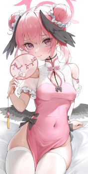 Rule 34 | 1girl, above-cleavage cutout, alternate costume, arm support, black wings, blue archive, blush, breasts, clothing cutout, commentary request, covered navel, double bun, dress, feathered wings, frilled sleeves, frills, hair bun, halo, hand fan, head wings, highres, holding, holding fan, hongye feixue, koharu (blue archive), looking at viewer, pelvic curtain, pink dress, pink eyes, pink hair, see-through clothes, see-through sleeves, short twintails, small breasts, solo, thighhighs, twintails, white thighhighs, wings