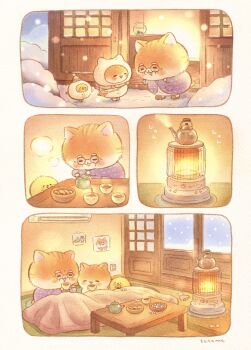 absurdres animal animal_focus artist_name baby_animal bird cat chick coat cup door drink fishbowl heater highres holding holding_cup hood hood_up kerosene_heater kettle no_humans original pouring round_eyewear snow snowing table tatamaoekaki tea teapot white_coat