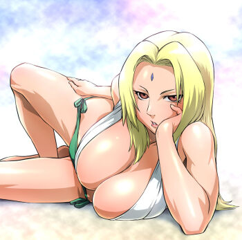 1girl arm_support bikini bindi blonde_hair breasts brown_eyes cleavage cloud female_focus huge_breasts long_hair lying mature_female naruto_(classic) naruto_(series) panties side-tie_panties sky solo sunlight swimsuit tsunade_(naruto) ueyama_michirou underwear
