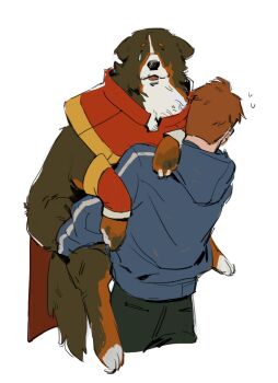 2boys animal animalization black_pants blue_shirt brown_fur cape citrus0lemon closed_eyes crying dispatch dog facing_viewer from_behind hashtag-only_commentary highres holding holding_animal male_focus multiple_boys pants phenomaman_(dispatch) red_cape robert_robertson shirt tears