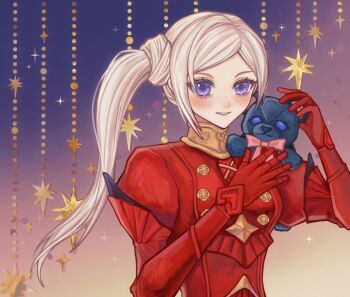 Rule 34 | 1girl, absurdres, blonde hair, blush, bow, bowtie, character doll, chinese commentary, commentary request, doll, donglizi1011, dress, edelgard von hresvelg, edelgard von hresvelg (timeskip), female byleth (fire emblem), fire emblem, fire emblem: three houses, gradient background, happy, highres, holding, juliet sleeves, long sleeves, looking at viewer, nintendo, official alternate hairstyle, parted lips, puffy sleeves, purple eyes, red dress, shy, side ponytail, smile, solo, standing, stuffed animal, stuffed toy, teddy bear, upper body