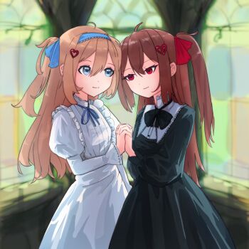 Rule 34 | 2girls, ahoge, bib collar, black bow, black bowtie, black dress, blue eyes, blue hairband, blue ribbon, bow, bowtie, broken heart, broken heart hair ornament, brown hair, closed mouth, collar, cowboy shot, dress, evil neuro-sama, frilled collar, frills, hair between eyes, hair ornament, hair ribbon, hairband, heads together, heart, heart hair ornament, high collar, highres, holding hands, interlocked fingers, juliet sleeves, long hair, long sleeves, multiple girls, neck ribbon, neuro-sama, official alternate costume, puffy long sleeves, puffy sleeves, puritan collar, red eyes, red ribbon, reivooon, ribbon, siblings, smile, stained glass, twins, two side up, vedal ai, virtual youtuber, white dress