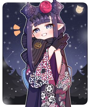 1girl :d absurdres black_gloves black_kimono black_scarf blunt_bangs border braid bun_with_braided_base commentary diamond_hairband double_bun english_commentary enpera flower forest full_moon gloves hair_bun hair_flower hair_ornament highres hololive hololive_english japanese_clothes kimono long_hair looking_at_viewer mackintosh_rose mole mole_under_eye moon moon_with_face nature night ninomae_ina'nis ninomae_ina'nis_(new_year) official_alternate_costume official_alternate_hairstyle open_mouth outdoors own_hands_together pointy_ears print_kimono purple_eyes purple_hair purple_kimono scarf shutowl sidelocks smile snow solo_focus star_(sky) takodachi_(ninomae_ina'nis) teeth virtual_youtuber white_border