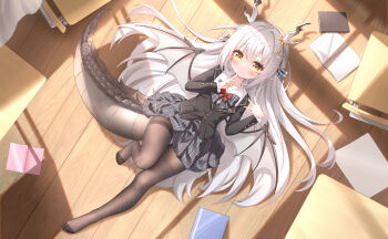 Rule 34 | 1girl, absurdres, antlers, black jacket, black pantyhose, blush, brown eyes, chair, checkered clothes, checkered skirt, closed mouth, commentary request, desk, dragon girl, dragon tail, dragon wings, finger to mouth, flat chest, full body, highres, horns, jacket, knee up, large variant set, long hair, lying, notebook, on back, on floor, original, pantyhose, qian hen, school chair, school desk, school uniform, shirt, shushing, skirt, smile, solo, tail, toes, variant set, very long hair, white hair, white shirt, wings