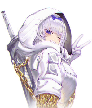 1girl chain gloves grin hand_up highres hood hooded_jacket jacket kira_(project_moon) limbus_company one_eye_closed project_moon purple_eyes rpg_(ram) short_hair simple_background smile solo sword sword_on_back v weapon weapon_on_back white_background white_gloves white_hair white_jacket