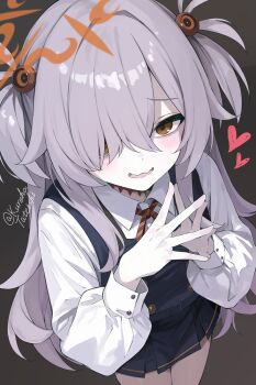 1girl black_skirt black_vest blue_archive blush brown_eyes brown_ribbon grey_hair hair_over_one_eye halo highres kanoe_(blue_archive) long_hair open_mouth orange_halo ribbon shirt sidelocks skirt solo steepled_fingers tateishi_kureha two_side_up vest wavy_mouth white_shirt