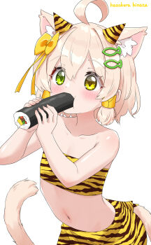 1boy ahoge animal_ears animal_print bow cat_boy cat_ears cat_tail commentary_request eating ehoumaki fish_hair_ornament food green_eyes hair_bow hair_ornament hazakura_hinata heterochromia highres horns kaya_(hazakura_hinata) makizushi male_focus navel original setsubun short_hair solo sushi tail tiger_print trap