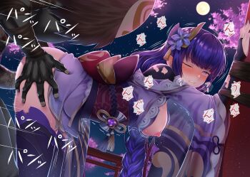 1boy 1girl bdsm bent_over black_thighhighs blush bondage bound bound_arms braid breasts breasts_out bridal_gauntlets censored cherry_blossoms clenched_teeth commentary_request defeat flower from_side full_moon genshin_impact hair_flower hair_ornament hajika hetero hilichurl_(genshin_impact) interspecies japanese_clothes kimono large_breasts long_hair long_sleeves looking_at_viewer looking_to_the_side moon mosaic_censoring naked_kimono night night_sky nipples no_bra no_panties obi one_eye_closed open_clothes open_kimono paid_reward_available partial_commentary penis purple_eyes purple_flower purple_hair purple_kimono raiden_shogun rape sash sex sex_from_behind single_braid sky sound_effects spring_(season) tassel tears teeth thighhighs torii variant_set very_long_hair vision_(genshin_impact) wide_sleeves
