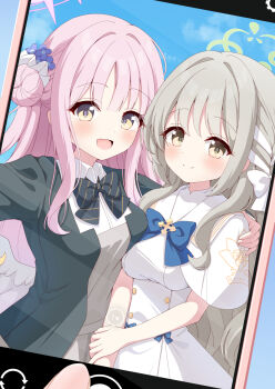 2girls alternate_costume angel_wings azel_(laevateinn495) black_bow black_jacket blue_archive blue_bow blush bow breasts buttons capelet closed_mouth collared_shirt cosplay costume_switch double-breasted dress feathered_wings flower gold_trim green_halo grey_hair hair_bun hair_flower hair_ornament halo hand_on_another&#039;s_shoulder highres jacket long_hair looking_at_viewer low_wings medium_breasts mika_(blue_archive) miyo_(blue_archive) multiple_girls open_mouth pink_hair pink_halo shirt single_hair_bun single_side_bun smile striped_bow vertical-striped_bow very_long_hair white_capelet white_dress white_wings wings yellow_eyes