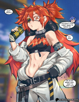 2girls ahoge animal_ears bare_shoulders bear_ears belle_(zenless_zone_zero) black_gloves breasts commentary crop_top english_commentary eyepatch fake_animal_ears fingerless_gloves gloves hair_between_eyes hair_ornament highres holding koleda_belobog long_hair looking_at_viewer midriff multiple_girls navel pants rammionn red_eyes red_hair solo sphere_hair_ornament twintails zenless_zone_zero