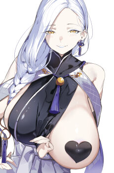 1girl absurdres bare_shoulders black_shirt blue_lips blush braid breasts bridal_gauntlets clothes_pull commentary commentary_request detached_sleeves earrings eyeliner fate/grand_order fate_(series) grin hakama hakama_skirt heart_pasties highres japanese_clothes jewelry large_breasts long_hair looking_at_viewer makeup mrs._snake_(fate) mrs._snake_(first_ascension)_(fate) nipples one_breast_out pasties shirt sideboob skirt sleeveless sleeveless_shirt smile solo symbol-only_commentary tassel tassel_earrings ura_illust white_hair white_hakama yellow_eyes