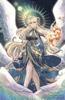 1girl above-cleavage_cutout ahoge bangle black_dress bow bracelet burning clothing_cutout commentary dress earrings english_commentary feathered_wings fire full_body green_eyes grin hair_bow hair_over_shoulder hair_ribbon halo halo_behind_head highres holding holding_sword holding_weapon jewelry lens_flare long_sidelocks magic multiple_wings omniscient_reader's_viewpoint outstretched_hand ribbon sharowolet shoulder_cutout sidelocks smile solo spiked_halo sword uriel_(omniscient_reader's_viewpoint) walking weapon white_wings wings