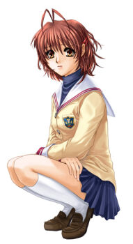 Rule 34 | 1girl, 2000s (style), antenna hair, bad id, blue shirt, blue skirt, blush, brown eyes, brown hair, brown shoes, cardigan, clannad, closed mouth, expressionless, full body, furukawa nagisa, hikarizaka private high school uniform, loafers, looking at viewer, murasame ryouya, pleated skirt, sailor collar, school uniform, serafuku, shirt, shoes, short hair, simple background, skirt, socks, solo, squatting, white background, white sailor collar, white socks, yellow cardigan