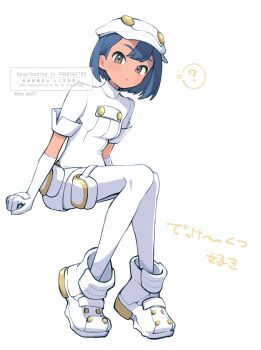 1girl aether_foundation_employee aether_foundation_employee_(female) aether_foundation_uniform black_hair blue_hair breasts brown_eyes closed_mouth dark-skinned_female dark_skin gloves hat highres jumpsuit looking_at_viewer newsboy_cap nintendo noi_(noi_pk27) overalls pantyhose pokemon pokemon_sm short_hair short_jumpsuit short_sleeves solo white_gloves white_hat white_jumpsuit white_overalls white_pantyhose