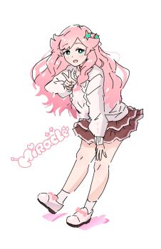 Rule 34 | 1girl, :d, aqua eyes, bow, brown skirt, character name, commentary, footwear bow, frilled skirt, frills, full body, hair ornament, highres, ikizulive! love live! bluebird, kanazawa miracle, layered skirt, leaning forward, long hair, long sleeves, looking at viewer, love live!, miniskirt, open mouth, pink hair, shoes, simple background, skirt, smile, socks, solo, star (symbol), star hair ornament, sweater, v, wavy hair, white background, white shoes, white socks, white sweater, yozorapi