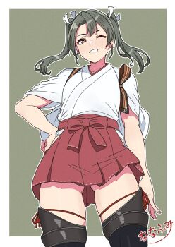 1girl border cowboy_shot gluteal_fold green_background green_eyes green_hair grin hair_between_eyes hair_ribbon hakama hakama_short_skirt hakama_skirt hand_on_own_hip hashtag-only_commentary highres japanese_clothes kantai_collection long_hair nanafumi_(nanafumino) one_eye_closed red_hakama ribbon shirt skirt smile solo thighhighs twintails white_border white_ribbon white_shirt zuikaku_(kancolle) zuikaku_kai_ni_(kancolle)