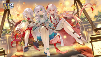 3girls ;o ahoge benghuai_xueyuan blue_eyes china_dress chinese_clothes copyright_logo crossed_legs dress drill_hair fu_hua high_heels highres honkai_(series) kiana_kaslana lantern logo long_hair looking_at_viewer multiple_girls official_art on_swing one_eye_closed orange_sky paper_lantern red_eyes sky sky_lantern smile swing theresa_apocalypse twin_drills very_long_hair white_dress white_hair