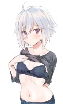 Rule 34 | 1girl, ahoge, black shirt, blue bra, blue shorts, blush, bra, breasts, closed mouth, clothes lift, collarbone, commentary request, cowboy shot, grey hair, hair between eyes, hands up, highres, itomi sayaka, long sleeves, looking at viewer, mashitono desu, navel, purple eyes, shirt, shirt lift, short hair, shorts, simple background, small breasts, solo, standing, stomach, toji no miko, underwear, upper body, white background