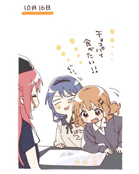 3girls :d black_hairband black_hat blank_eyes blue_hair blue_shirt blush_stickers brown_eyes brown_hair collared_shirt commentary_request contrast_collar fang furutani_himawari grey_shirt hair_ornament hairband hairclip hat highres long_hair long_sleeves menu multiple_girls namori oomuro_sakurako open_mouth parallel_hairclips purple_shirt red_hair shirt short_hair short_sleeves simple_background small_sweatdrop smile translation_request v-shaped_eyebrows white_background yuruyuri