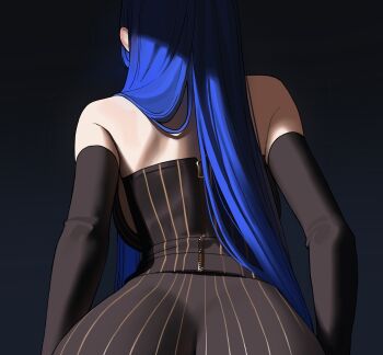1girl alternate_costume ass back backboob bare_shoulders black_gloves blue_hair breasts commentary dress elbow_gloves from_behind gloves highres hololive hololive_english large_breasts long_hair making-of_available mlkhimari ouro_kronii solo straight_hair striped_clothes striped_dress upper_body vertical-striped_clothes vertical-striped_dress virtual_youtuber zipper zipper_pull_tab