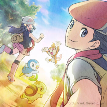 Rule 34 | 1boy, 1girl, beanie, beret, blue eyes, blue hair, boots, chimchar, commentary request, dawn (pokemon), dutch angle, gen 4 pokemon, hat, looking at viewer, lucas (pokemon), nintendo, otorakutrial, outdoors, pink boots, piplup, pokemon, pokemon (creature), pokemon dppt, sky, turtwig
