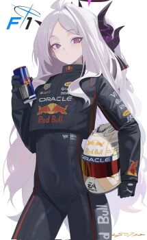 1girl artist_name at&amp;t black_bodysuit black_gloves black_halo black_horns black_racing_suit blue_archive bodysuit can collared_jacket commentary company_logo corrupted_twitter_file covered_navel cowboy_shot cropped_jacket demon_girl demon_horns electronic_arts energy_drink formula_one gloves halo helmet highres hina_(blue_archive) holding holding_can holding_unworn_helmet horns jacket logo_parody long_hair looking_at_viewer mobil1 multiple_horns navel oracle_(company) parted_bangs puma_(brand) purple_eyes racing_suit red_bull signature simple_background skin_tight solo sponsor tag_heuer ttt_(5274293) unworn_headwear unworn_helmet very_long_hair white_background white_hair