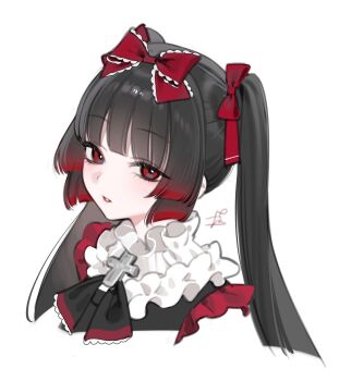 Rule 34 | 1girl, black hair, blunt bangs, bow, cross, cross necklace, gradient hair, hair bow, highres, jewelry, long hair, multicolored hair, necklace, ohisashiburi, original, portrait, red bow, red eyes, simple background, solo, twintails, white background