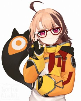 1girl adjusting_eyewear ahoge black_gloves finger_on_eyewear fingerless_gloves gigi_murin gigi_murin_(1st_costume) glasses gloves hololive hololive_english hood hoodie looking_at_viewer multicolored_hair orange_hoodie purple_eyes red-framed_eyewear shirt short_hair simple_background smile solo two-tone_hair two_side_up virtual_youtuber white_shirt yoako